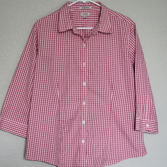 L.L.Bean Wrinkle Resist Button Up Women's Checked Pink and White Blouse Large - Picture 4 of 6